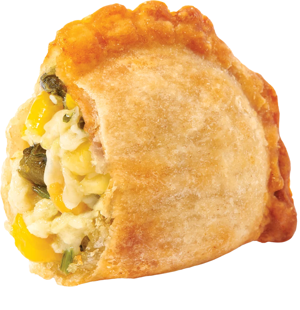Empanada popper cut open to show cheesy corn filling